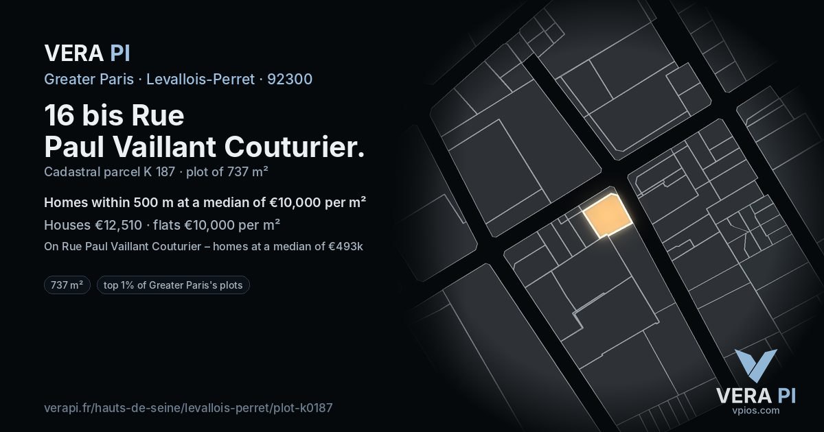 16 bis Rue Paul Vaillant Couturier, Levallois-Perret at night – the plot lit, the parcels around coloured by the prices near them
