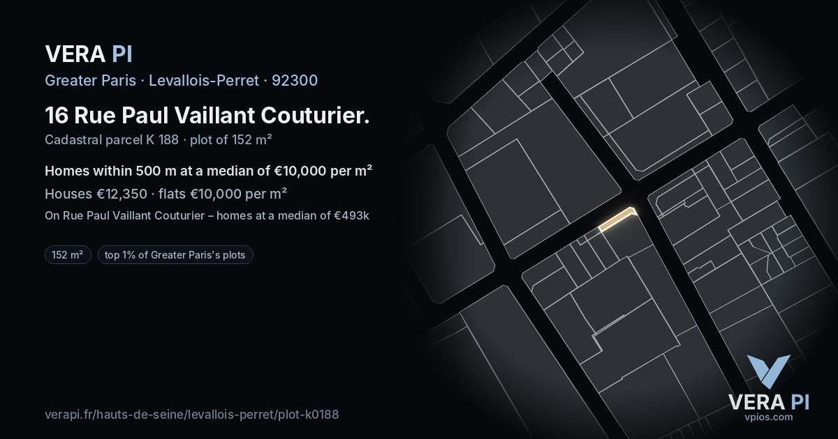 16 Rue Paul Vaillant Couturier, Levallois-Perret at night – the plot lit, the parcels around coloured by the prices near them