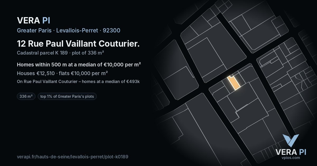 12 Rue Paul Vaillant Couturier, Levallois-Perret at night – the plot lit, the parcels around coloured by the prices near them