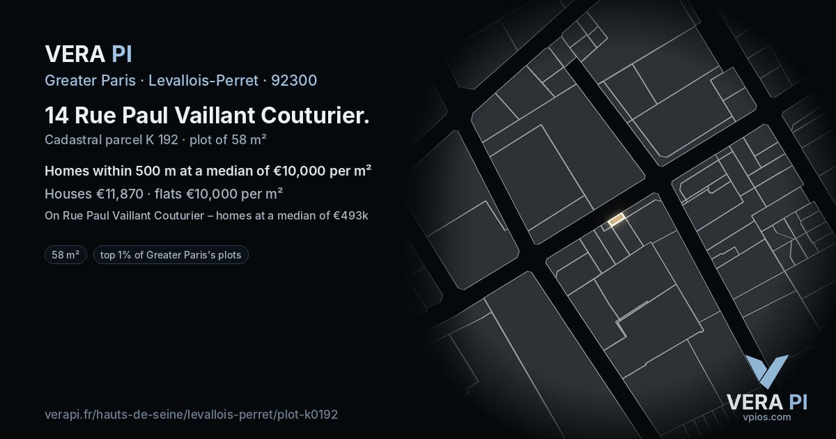 14 Rue Paul Vaillant Couturier, Levallois-Perret at night – the plot lit, the parcels around coloured by the prices near them