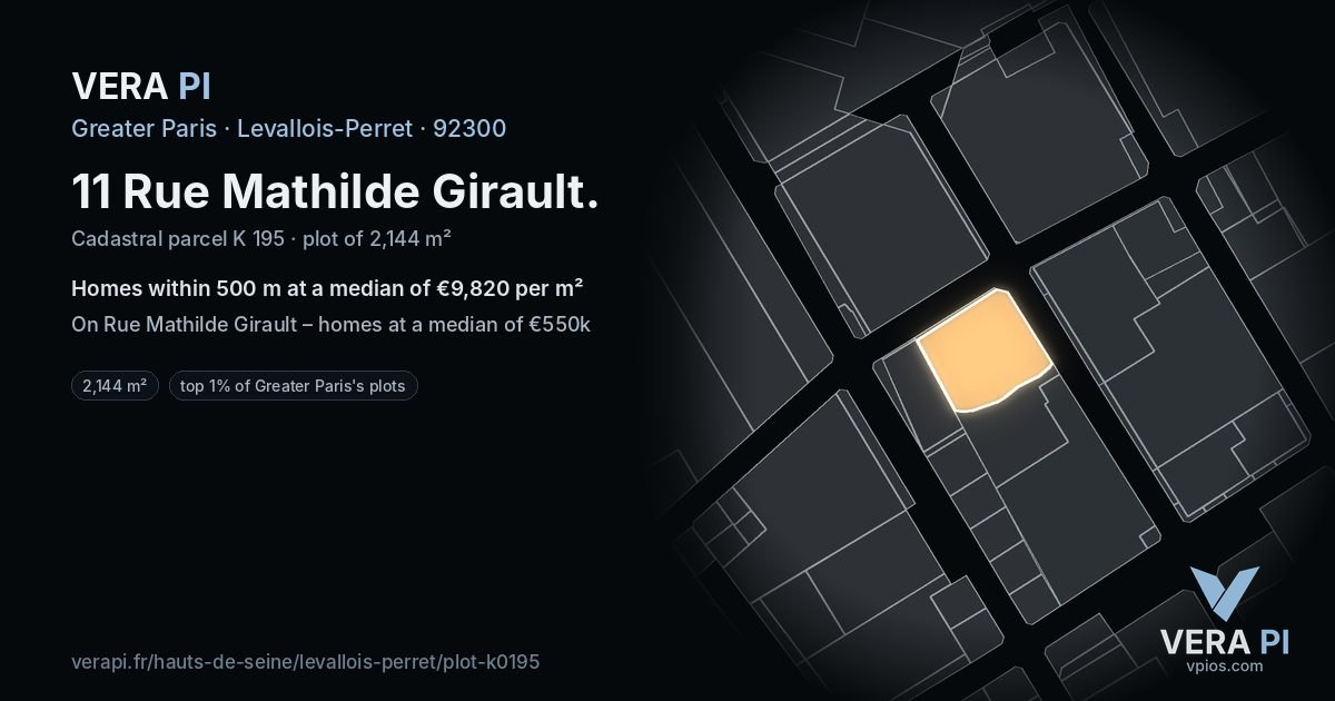 11 Rue Mathilde Girault, Levallois-Perret at night – the plot lit, the parcels around coloured by the prices near them