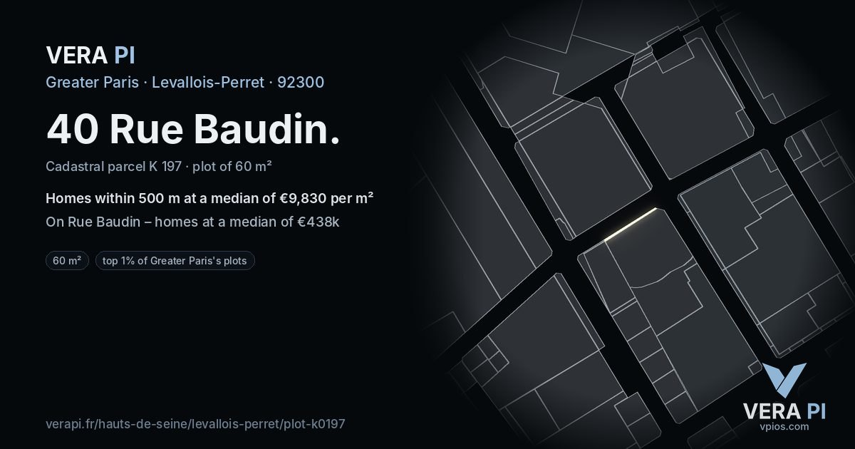 40 Rue Baudin, Levallois-Perret at night – the plot lit, the parcels around coloured by the prices near them