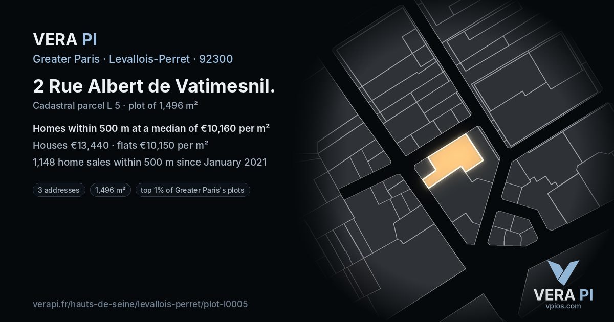 2 Rue Albert de Vatimesnil, Levallois-Perret at night – the plot lit, the parcels around coloured by the prices near them