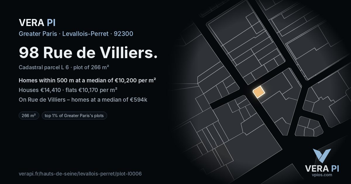 98 Rue de Villiers, Levallois-Perret at night – the plot lit, the parcels around coloured by the prices near them