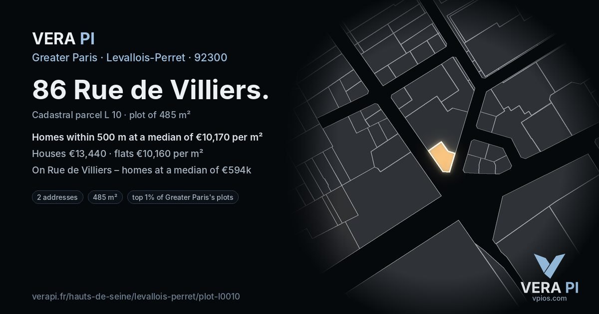 86 Rue de Villiers, Levallois-Perret at night – the plot lit, the parcels around coloured by the prices near them