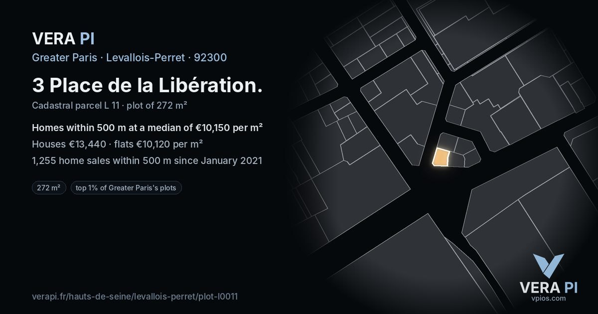 3 Place de la Libération, Levallois-Perret at night – the plot lit, the parcels around coloured by the prices near them