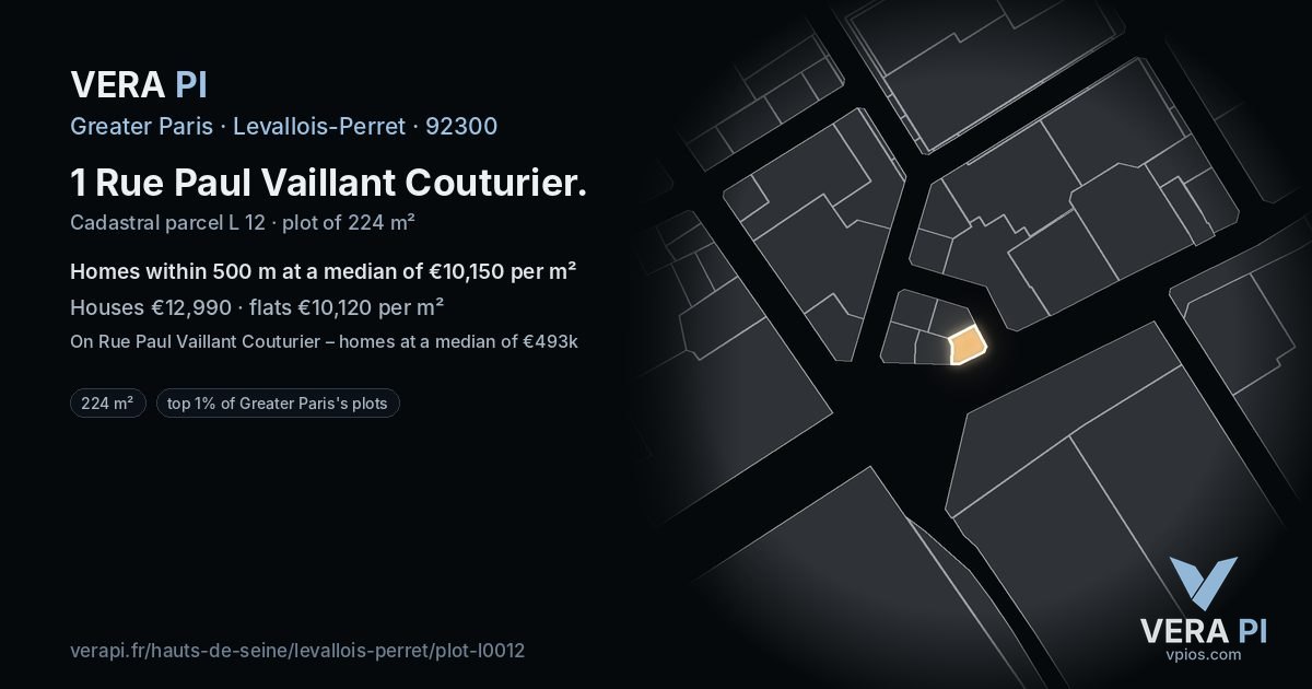 1 Rue Paul Vaillant Couturier, Levallois-Perret at night – the plot lit, the parcels around coloured by the prices near them