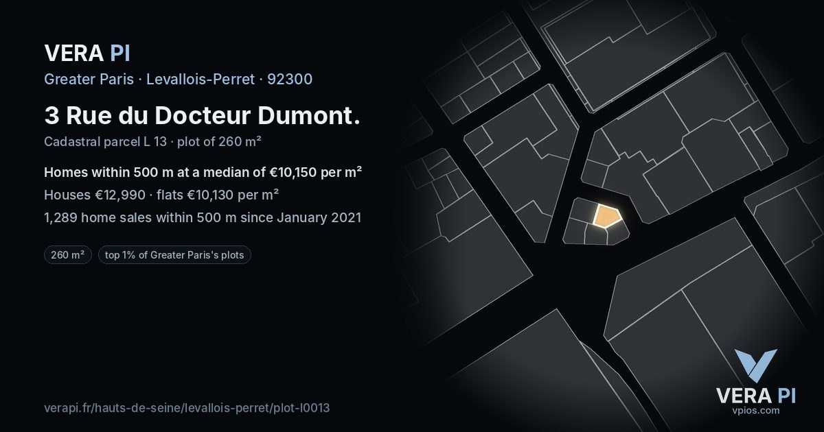 3 Rue du Docteur Dumont, Levallois-Perret at night – the plot lit, the parcels around coloured by the prices near them