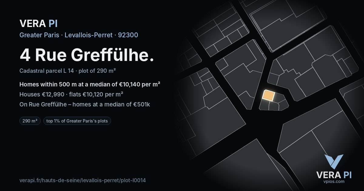 4 Rue Greffülhe, Levallois-Perret at night – the plot lit, the parcels around coloured by the prices near them