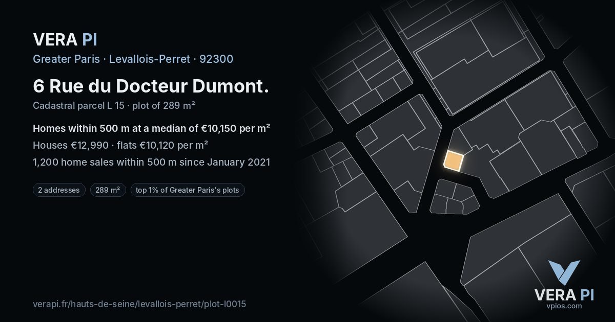 6 Rue du Docteur Dumont, Levallois-Perret at night – the plot lit, the parcels around coloured by the prices near them