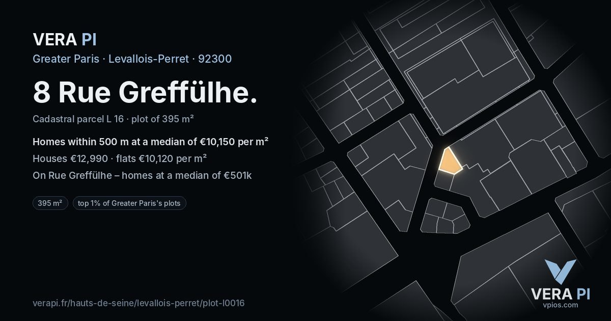 8 Rue Greffülhe, Levallois-Perret at night – the plot lit, the parcels around coloured by the prices near them