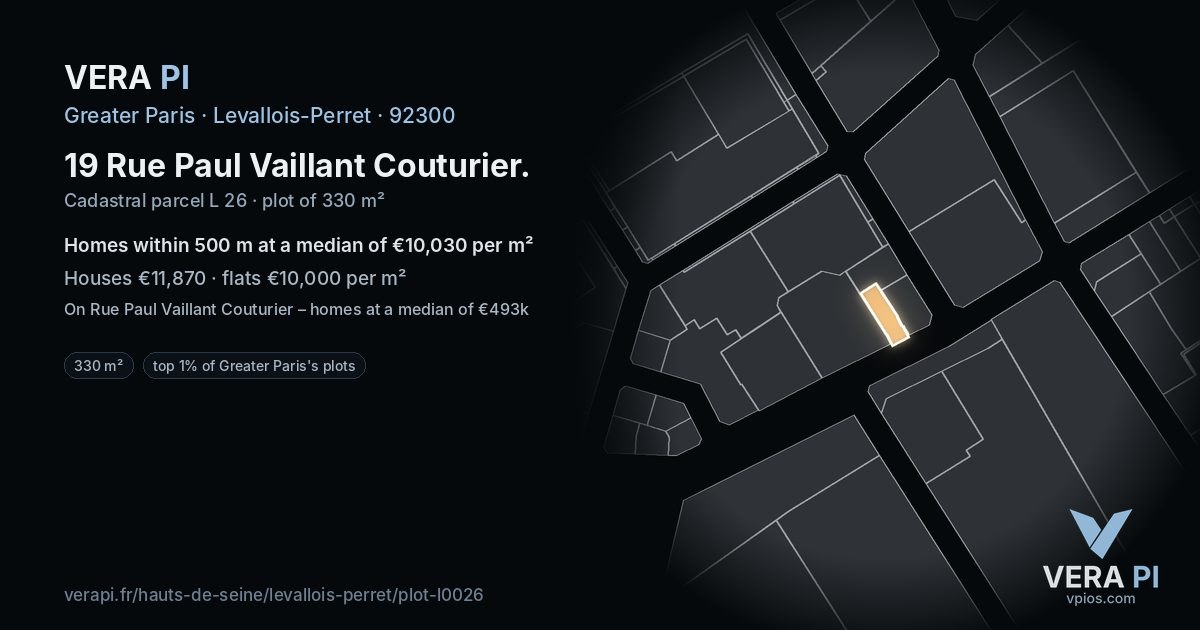 19 Rue Paul Vaillant Couturier, Levallois-Perret at night – the plot lit, the parcels around coloured by the prices near them