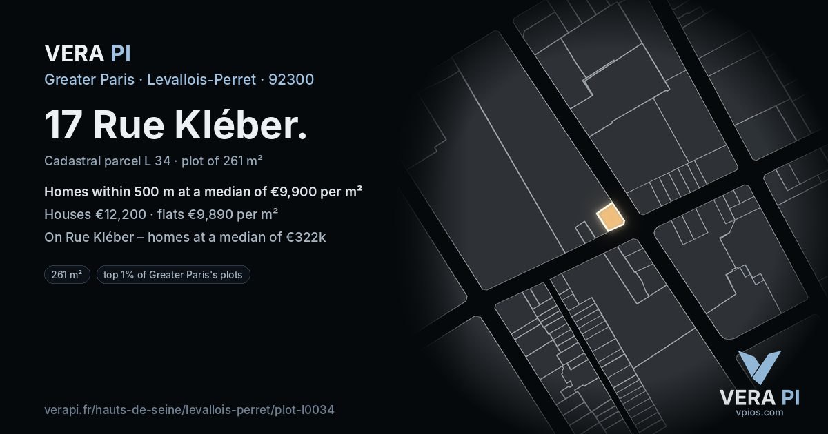 17 Rue Kléber, Levallois-Perret at night – the plot lit, the parcels around coloured by the prices near them