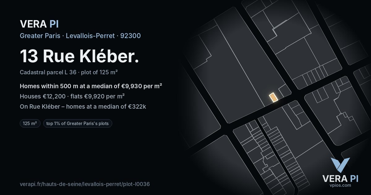 13 Rue Kléber, Levallois-Perret at night – the plot lit, the parcels around coloured by the prices near them