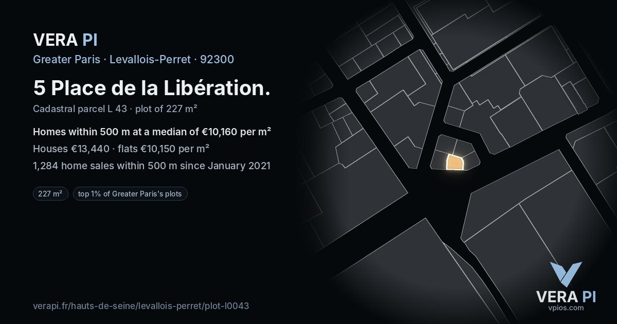 5 Place de la Libération, Levallois-Perret at night – the plot lit, the parcels around coloured by the prices near them