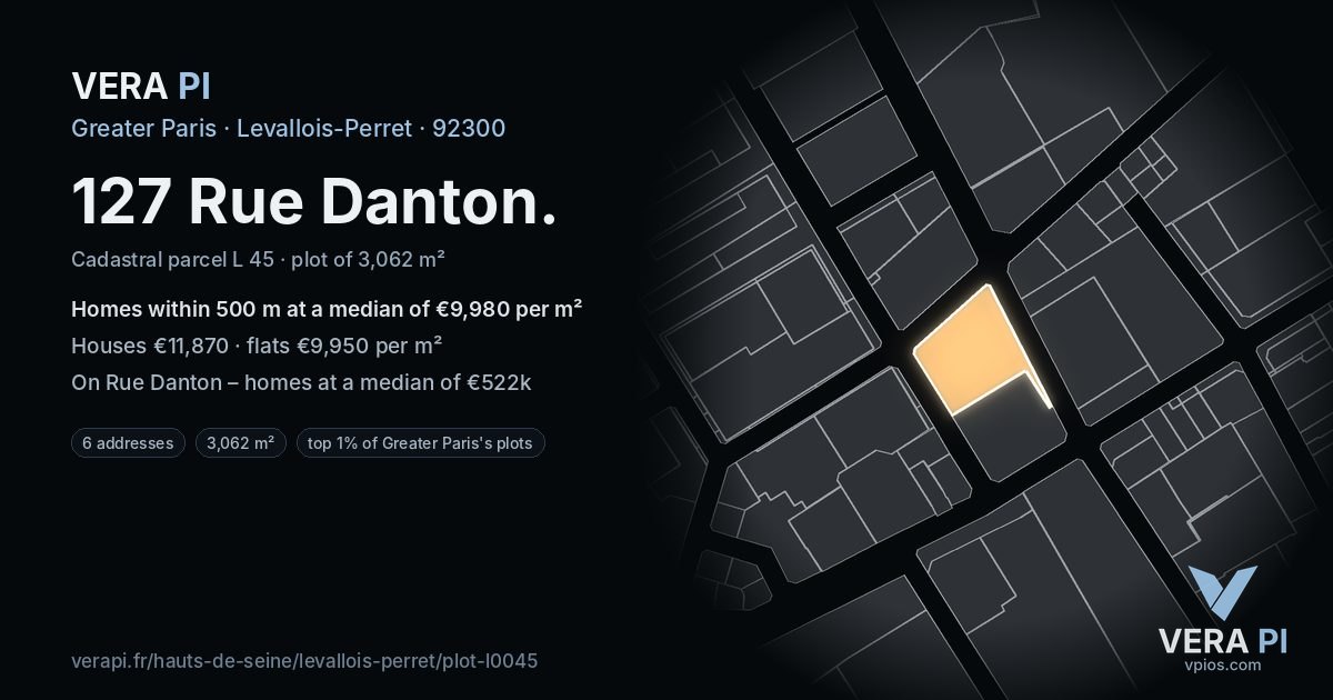 127 Rue Danton, Levallois-Perret at night – the plot lit, the parcels around coloured by the prices near them