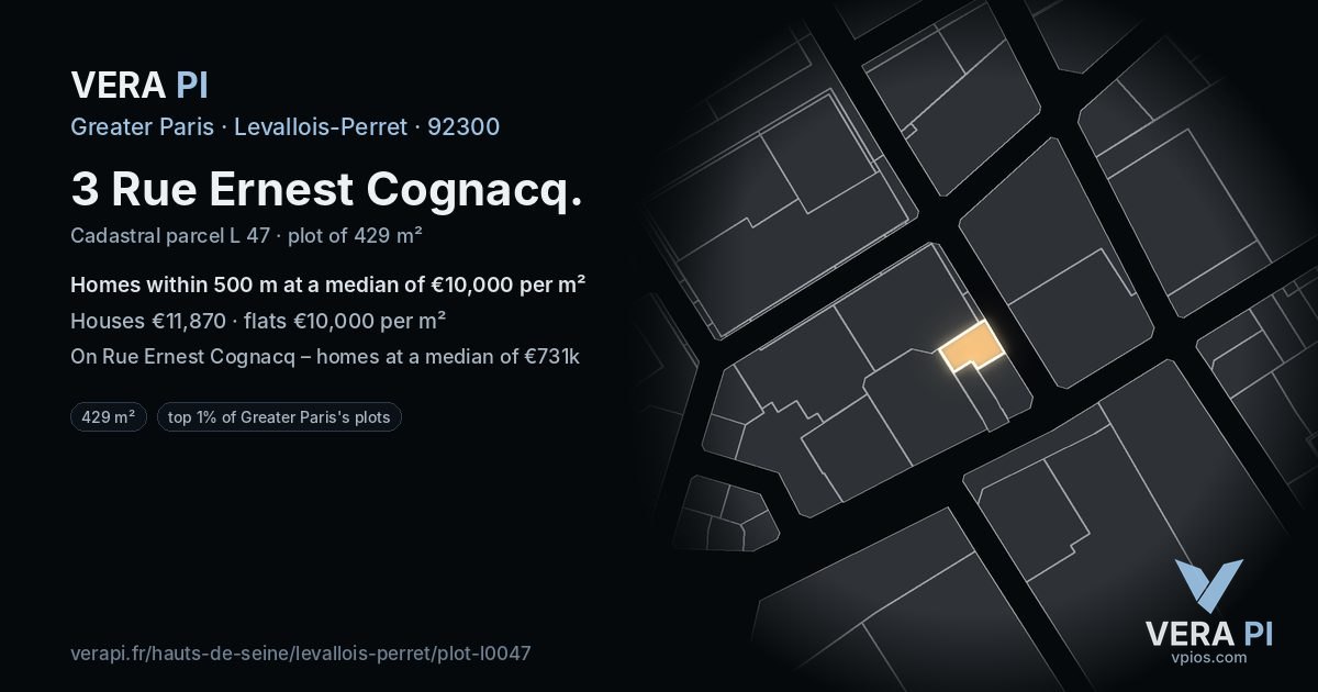 3 Rue Ernest Cognacq, Levallois-Perret at night – the plot lit, the parcels around coloured by the prices near them