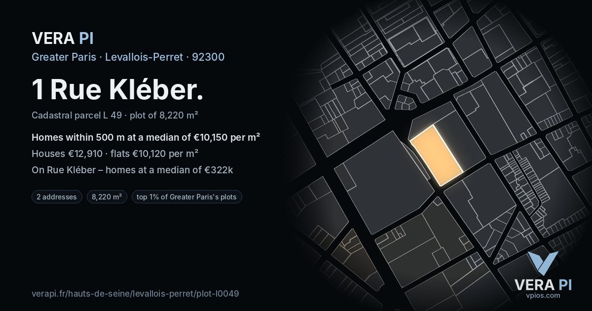 1 Rue Kléber, Levallois-Perret at night – the plot lit, the parcels around coloured by the prices near them
