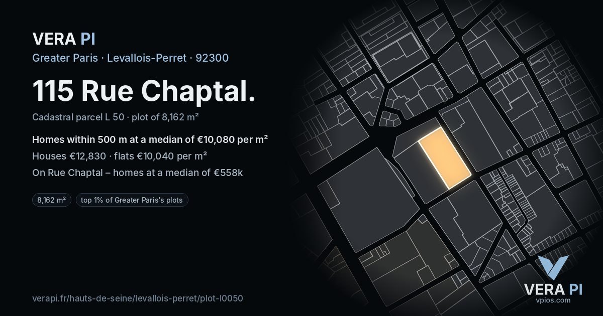 115 Rue Chaptal, Levallois-Perret at night – the plot lit, the parcels around coloured by the prices near them