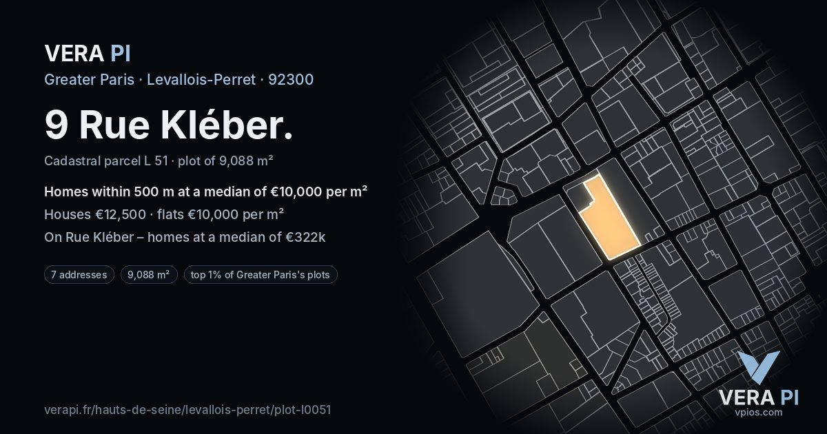 9 Rue Kléber, Levallois-Perret at night – the plot lit, the parcels around coloured by the prices near them