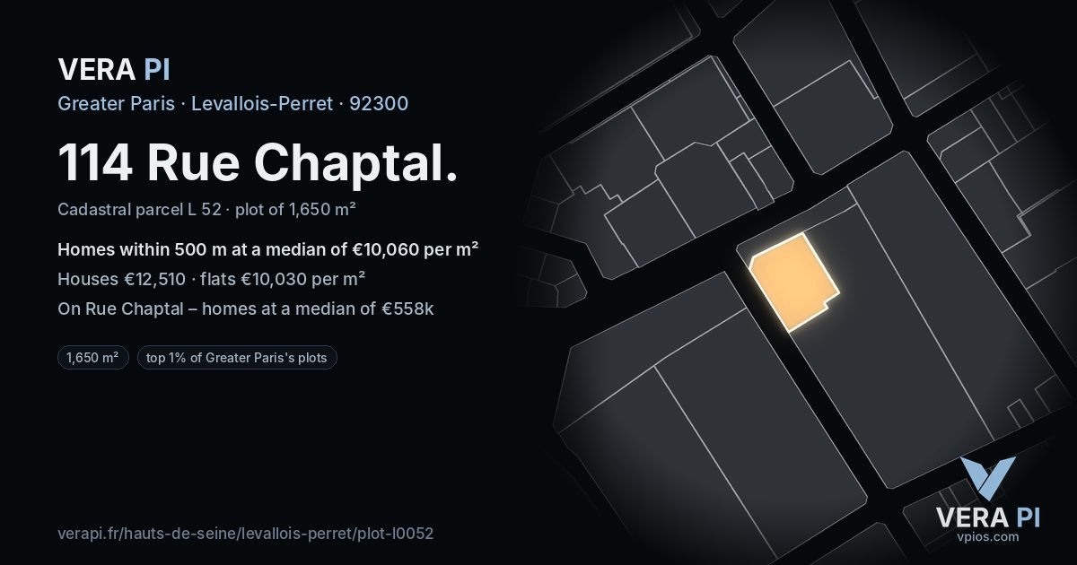 114 Rue Chaptal, Levallois-Perret at night – the plot lit, the parcels around coloured by the prices near them