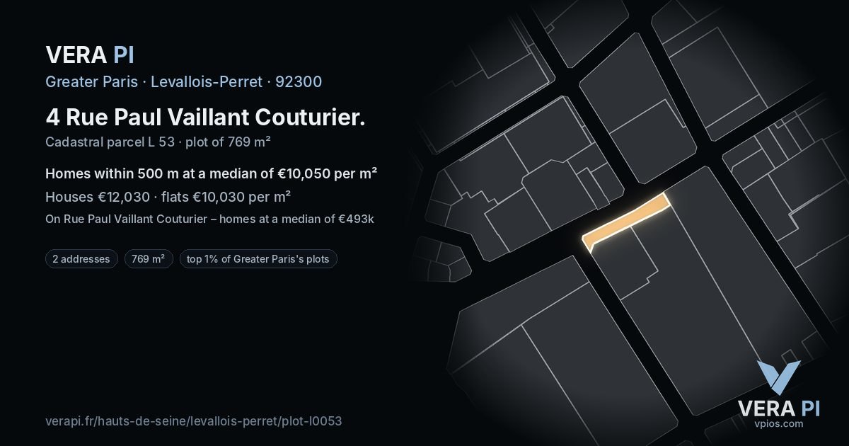 4 Rue Paul Vaillant Couturier, Levallois-Perret at night – the plot lit, the parcels around coloured by the prices near them