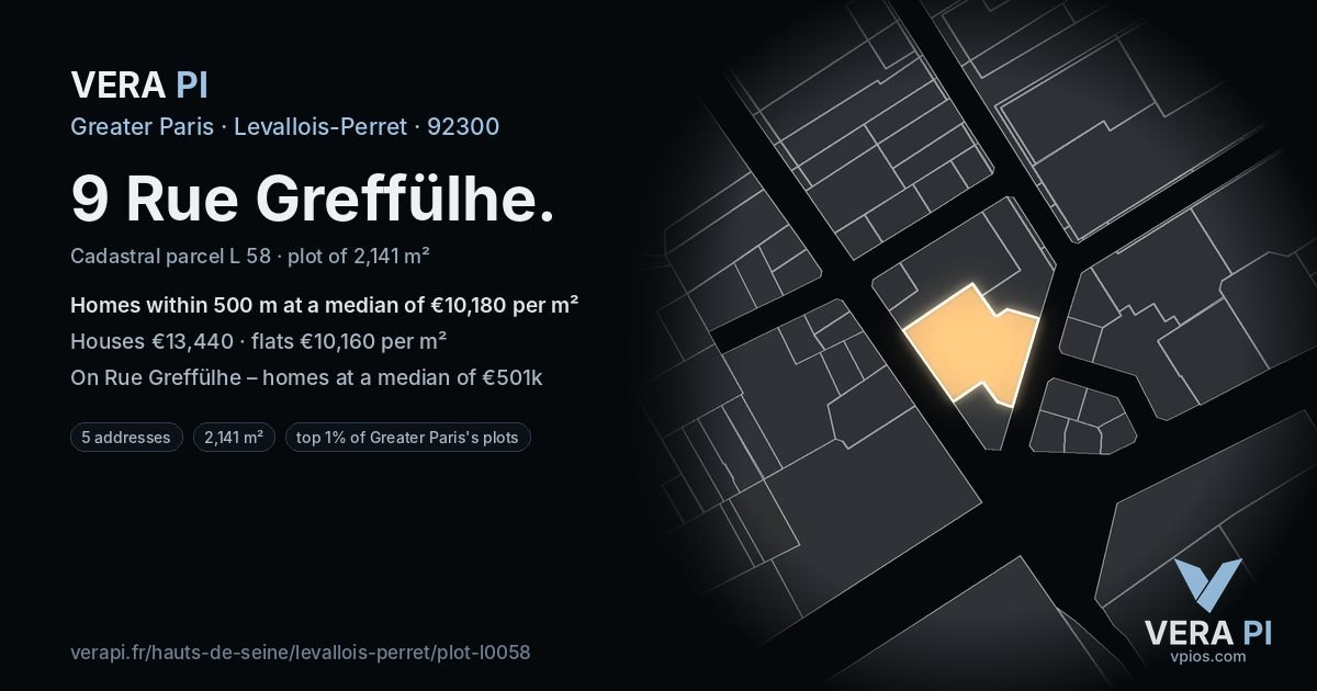 9 Rue Greffülhe, Levallois-Perret at night – the plot lit, the parcels around coloured by the prices near them