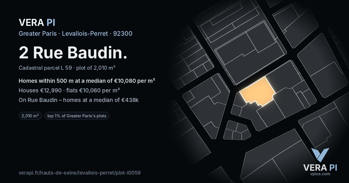 2 Rue Baudin, Levallois-Perret at night – the plot lit, the parcels around coloured by the prices near them