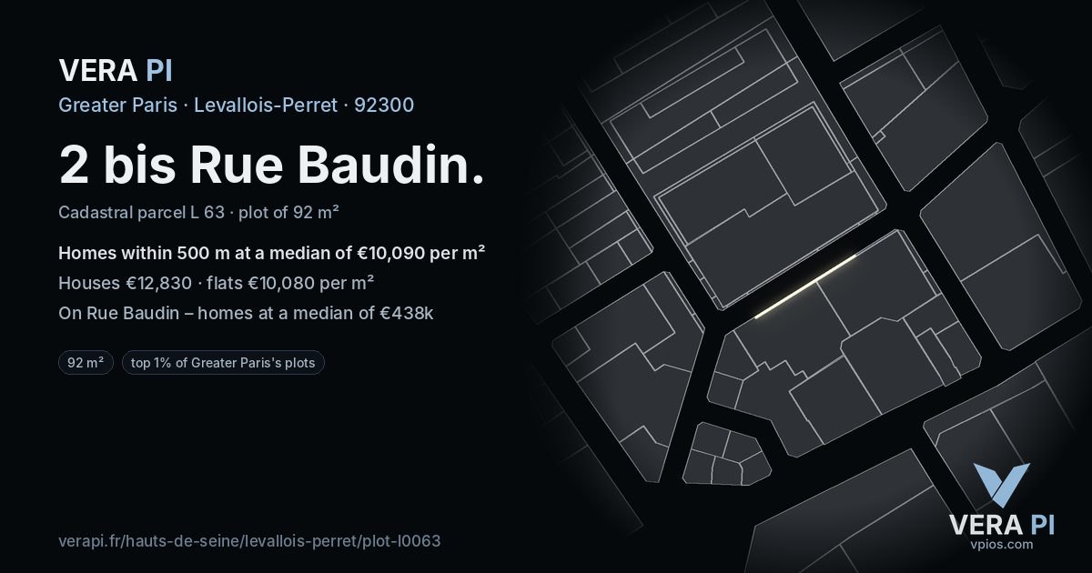 2 bis Rue Baudin, Levallois-Perret at night – the plot lit, the parcels around coloured by the prices near them