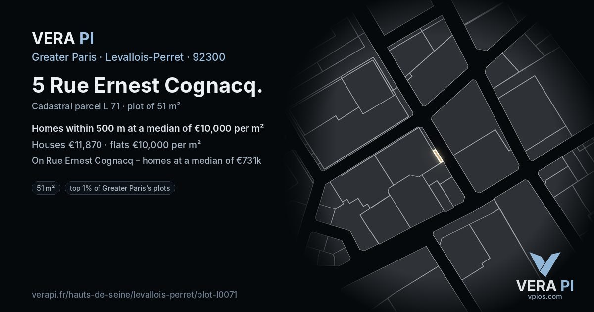 5 Rue Ernest Cognacq, Levallois-Perret at night – the plot lit, the parcels around coloured by the prices near them