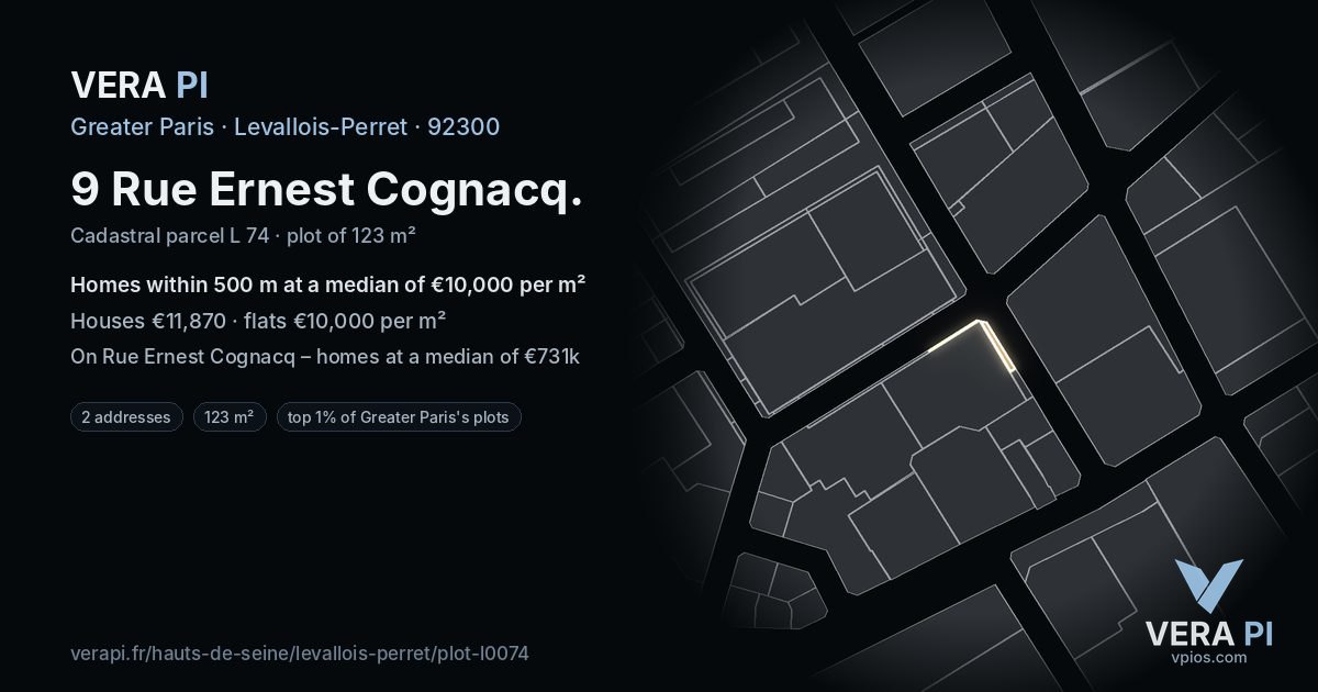 9 Rue Ernest Cognacq, Levallois-Perret at night – the plot lit, the parcels around coloured by the prices near them