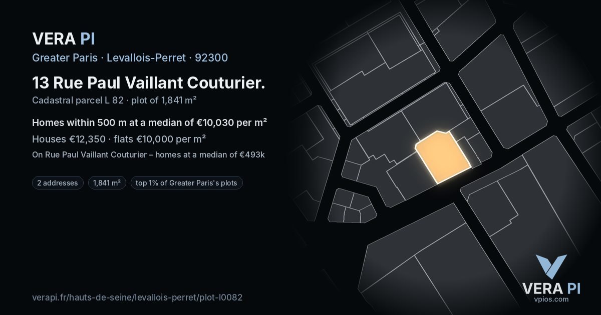 13 Rue Paul Vaillant Couturier, Levallois-Perret at night – the plot lit, the parcels around coloured by the prices near them