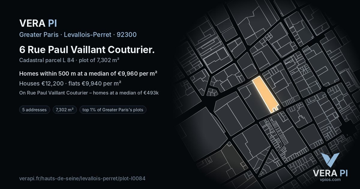 6 Rue Paul Vaillant Couturier, Levallois-Perret at night – the plot lit, the parcels around coloured by the prices near them