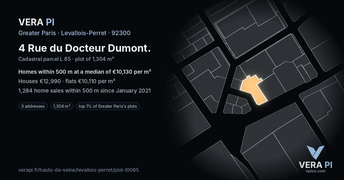 4 Rue du Docteur Dumont, Levallois-Perret at night – the plot lit, the parcels around coloured by the prices near them
