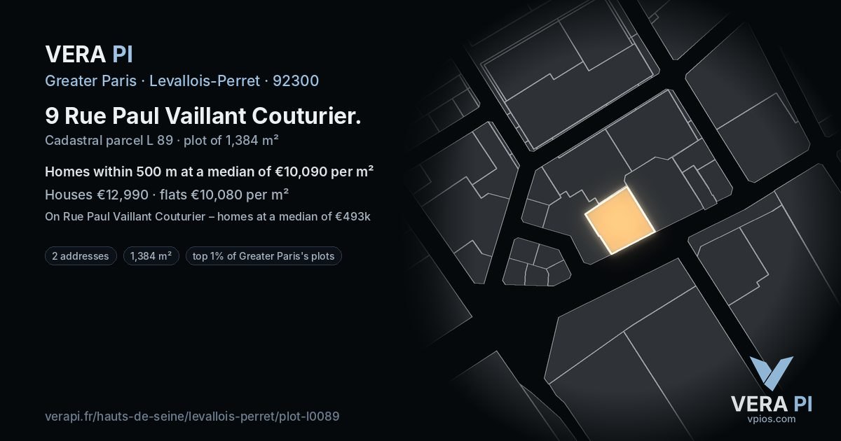 9 Rue Paul Vaillant Couturier, Levallois-Perret at night – the plot lit, the parcels around coloured by the prices near them