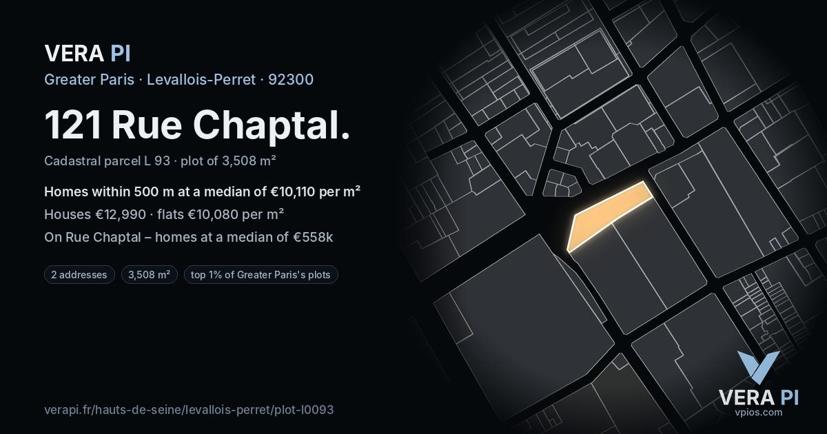 121 Rue Chaptal, Levallois-Perret at night – the plot lit, the parcels around coloured by the prices near them