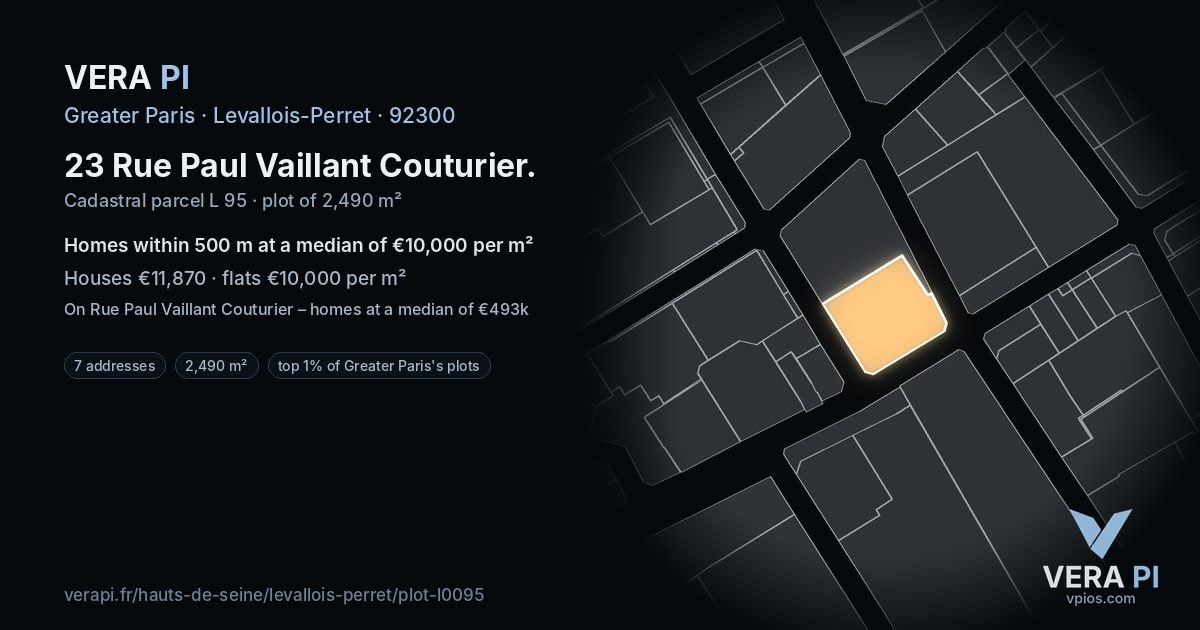 23 Rue Paul Vaillant Couturier, Levallois-Perret at night – the plot lit, the parcels around coloured by the prices near them