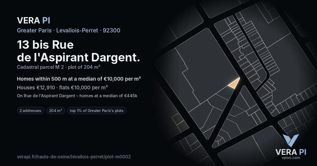 13 bis Rue de l'Aspirant Dargent, Levallois-Perret at night – the plot lit, the parcels around coloured by the prices near them