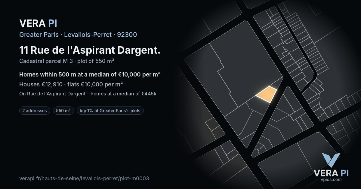 11 Rue de l'Aspirant Dargent, Levallois-Perret at night – the plot lit, the parcels around coloured by the prices near them