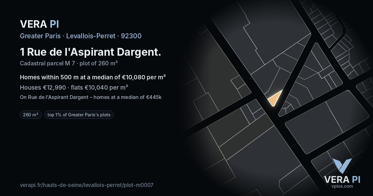 1 Rue de l'Aspirant Dargent, Levallois-Perret at night – the plot lit, the parcels around coloured by the prices near them