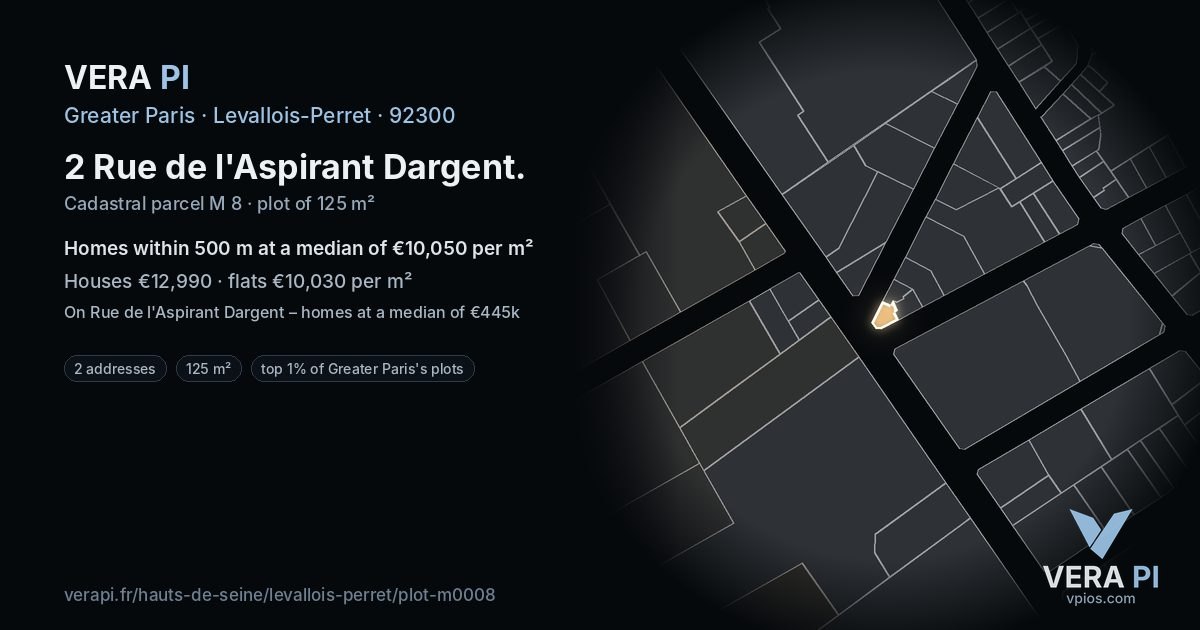 2 Rue de l'Aspirant Dargent, Levallois-Perret at night – the plot lit, the parcels around coloured by the prices near them