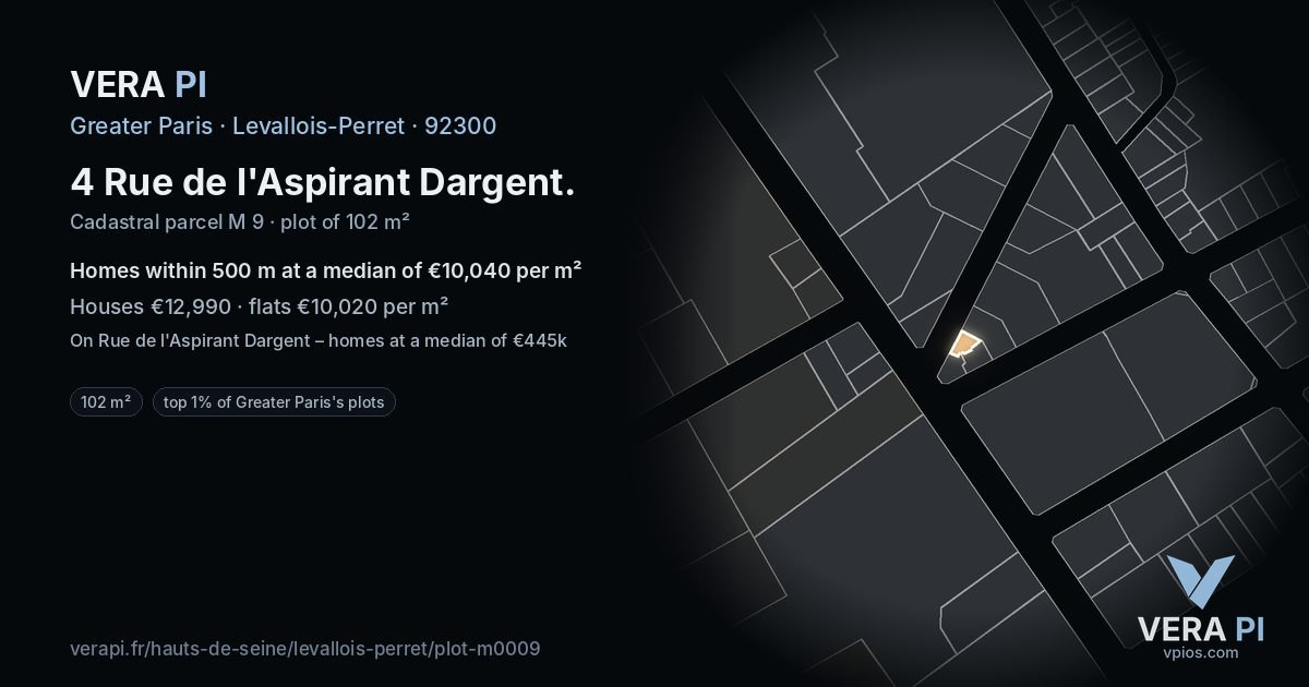 4 Rue de l'Aspirant Dargent, Levallois-Perret at night – the plot lit, the parcels around coloured by the prices near them