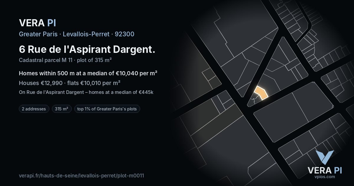 6 Rue de l'Aspirant Dargent, Levallois-Perret at night – the plot lit, the parcels around coloured by the prices near them