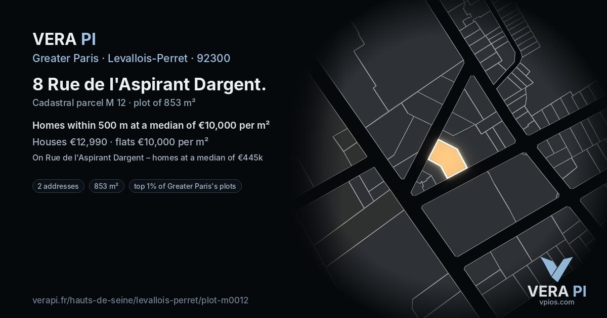 8 Rue de l'Aspirant Dargent, Levallois-Perret at night – the plot lit, the parcels around coloured by the prices near them