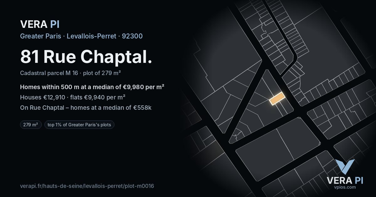 81 Rue Chaptal, Levallois-Perret at night – the plot lit, the parcels around coloured by the prices near them