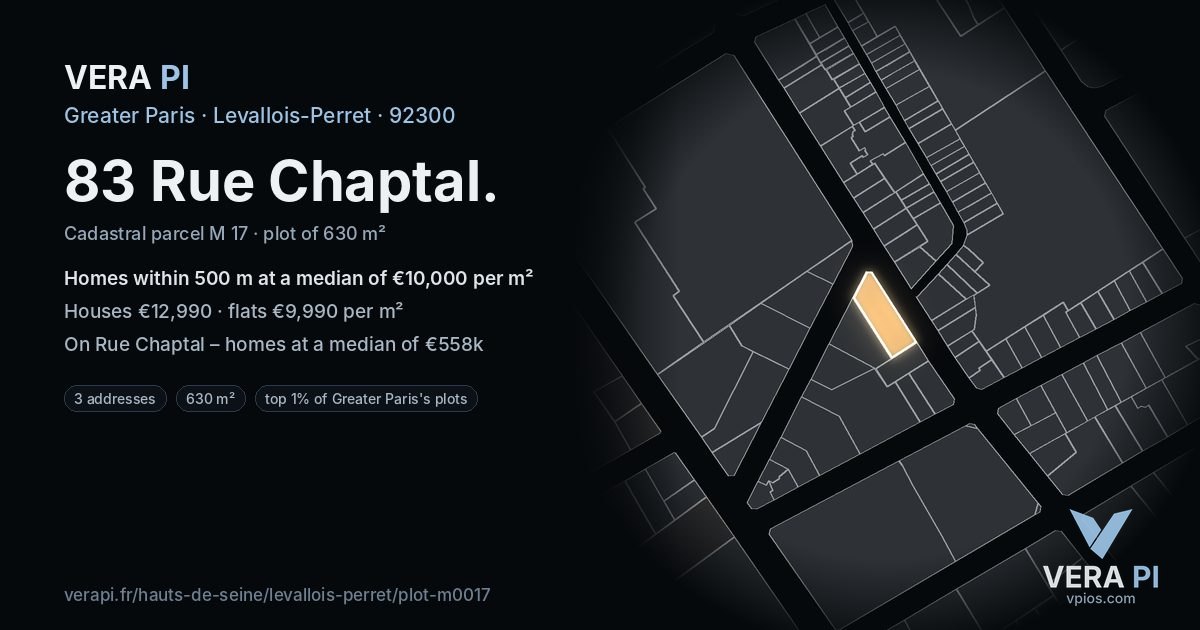 83 Rue Chaptal, Levallois-Perret at night – the plot lit, the parcels around coloured by the prices near them