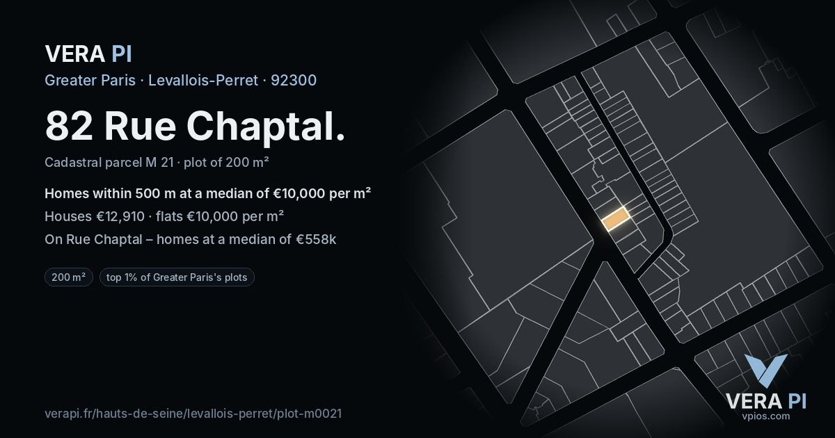82 Rue Chaptal, Levallois-Perret at night – the plot lit, the parcels around coloured by the prices near them