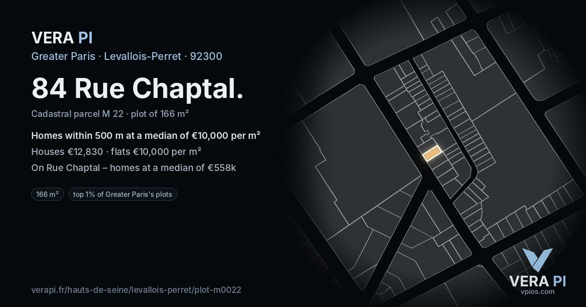84 Rue Chaptal, Levallois-Perret at night – the plot lit, the parcels around coloured by the prices near them