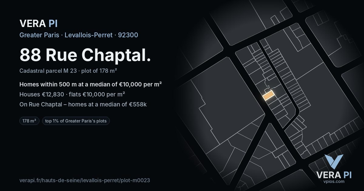88 Rue Chaptal, Levallois-Perret at night – the plot lit, the parcels around coloured by the prices near them