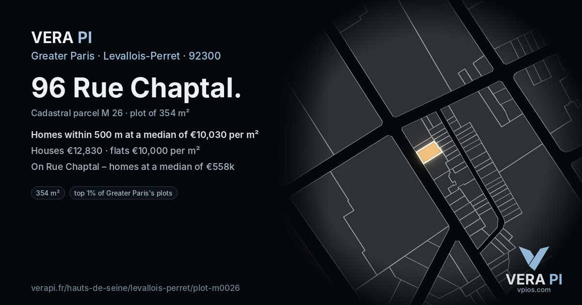 96 Rue Chaptal, Levallois-Perret at night – the plot lit, the parcels around coloured by the prices near them